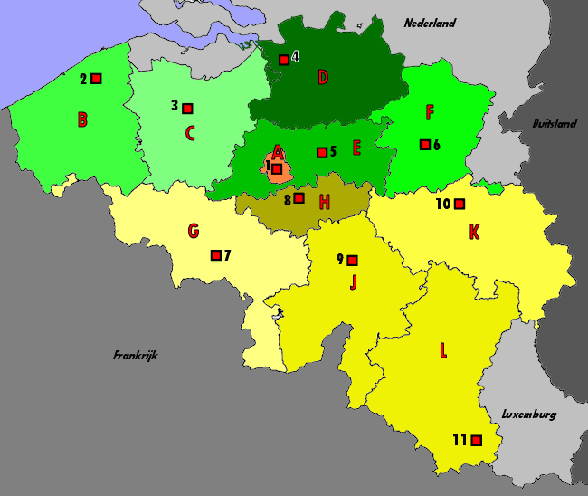 topografie blinde kaart Belgi (provincies, gewesten en hoofdsteden)