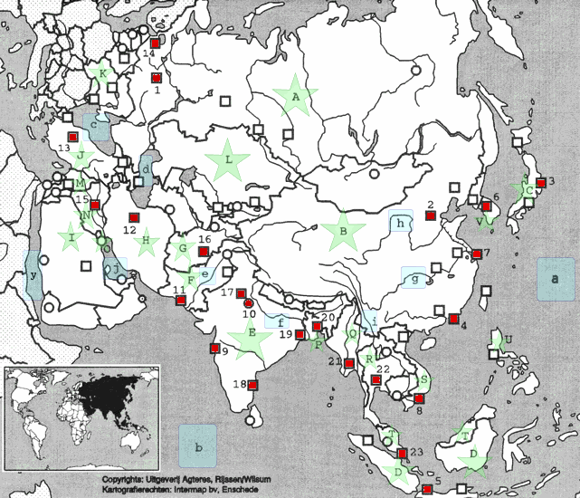 topografie blinde kaart Wereld - Azi (Noord-Azi, Centraal-Azi, Verre Oosten, Oost-Azi, Zuidoost-Azi, Zuid-Azi, Zuidwest-Azi)