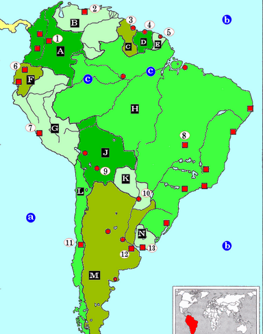 Topografiekaart Zuid Amerika (landen hoofdsteden)