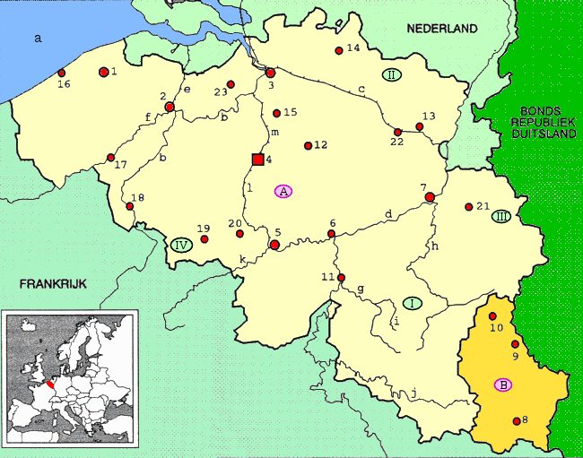 topografie blinde landkaart Europa - Belgi & Luxemburg (steden en rivieren)