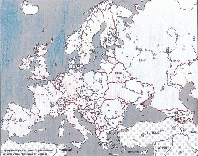 topografie blinde landkaart Europa (mix van Europese landen, hoofdsteden en rivieren)