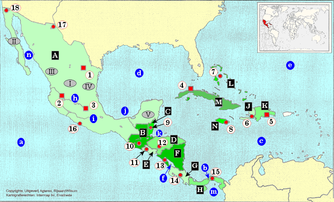 topografie blinde kaart Midden-Amerika (Centraal Amerika): Mexico, Cuba, Caraïben, Jamaica, Bahama's, Haïti