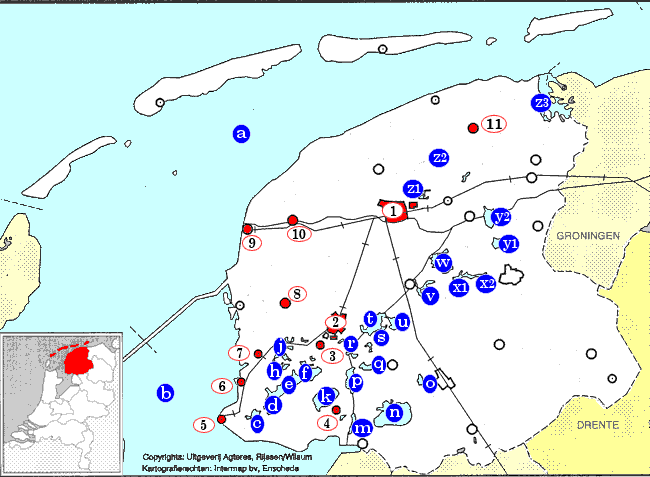 topografie blinde landkaart provincie Friesland met Friese elfsteden en meren (Fryslan), elfstedentocht, elfmerentocht