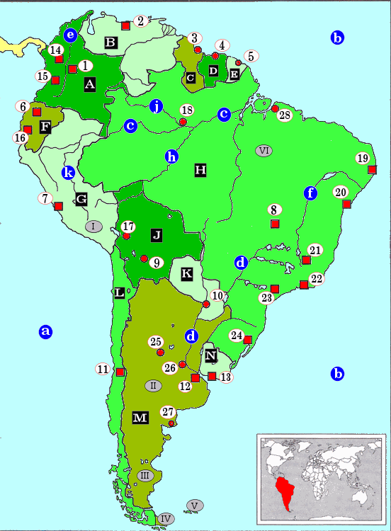 topografie blinde landkaart Zuid-Amerika mix: Colombia, Venezuela, Guyana, Suriname, Frans Guyana, Ecuador, Peru, Brazilië, Bolivia, Paraguay, Chili, Argentinië, Uruguay